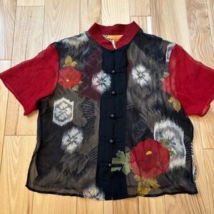 Harari Silk Mandarin Collar Floral Button Front Short Sleeve Red Black Top